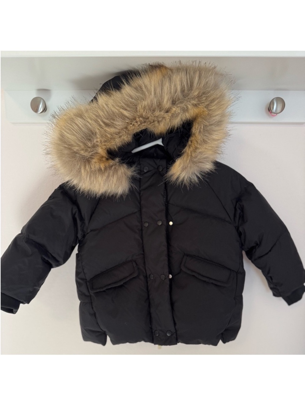 Zara Kids Black Puffer Coat with Faux Fur Trim Hood